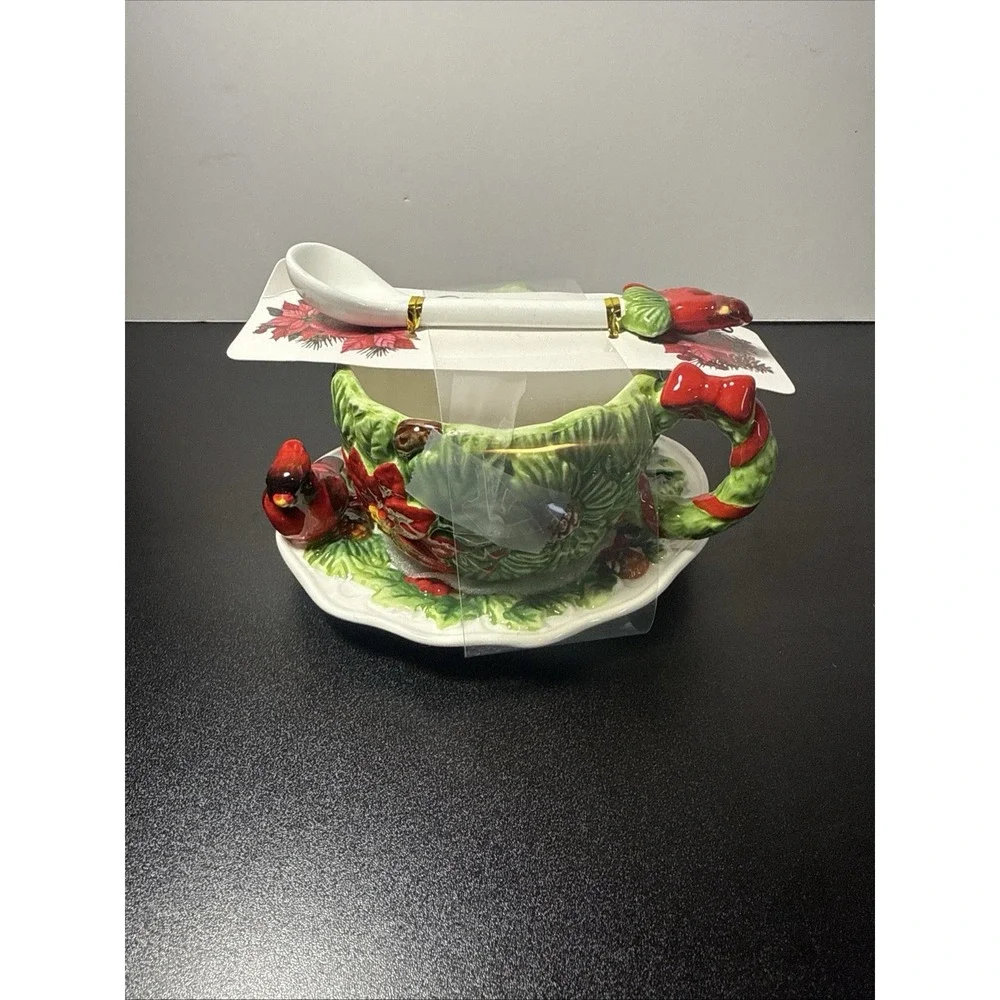 Corner Ruby Teacup Holiday Cardinal Collection 3Pc  Saucer &‎ Cardinal Spoon